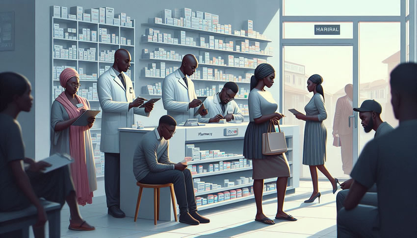 Modern Port Harcourt pharmacy interior showing organized shelves, professional staff, and quality medicines at Faaiz Pharmacy.