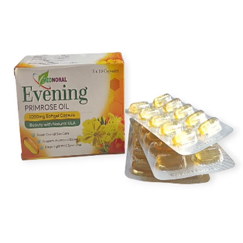 Evening Primrose Oil capsules from Faaiz Pharmacy, Port Harcourt, Nigeria. Rich in omega-6 GLA for skin health, PMS relief, hormonal balance. Buy now!